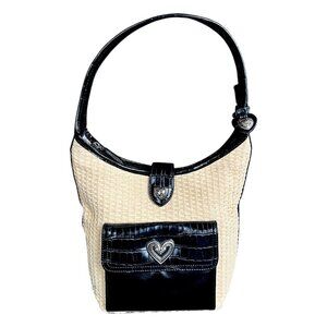 Raffa Straw & Black Crocodile Animal Print Vegan Leather Handbag Silver Hearts